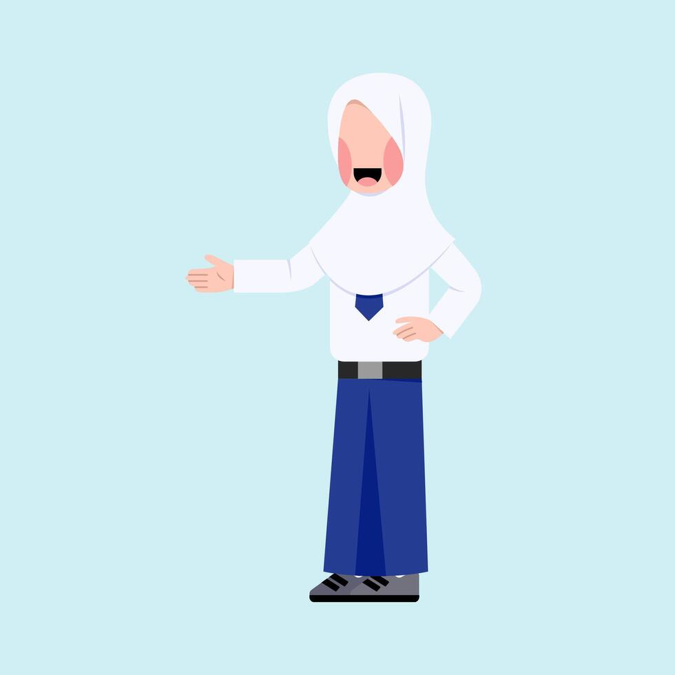 Indonesian Hijab Junior High School Student With Explaining Gesture vector