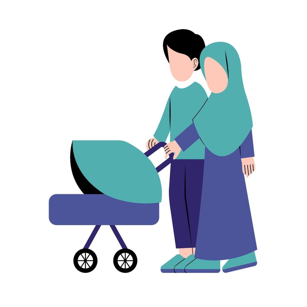 Muslim Parents With Baby Stroller vector