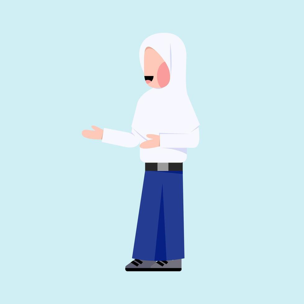 Indonesian Hijab Junior High School Student With Explaining Gesture vector