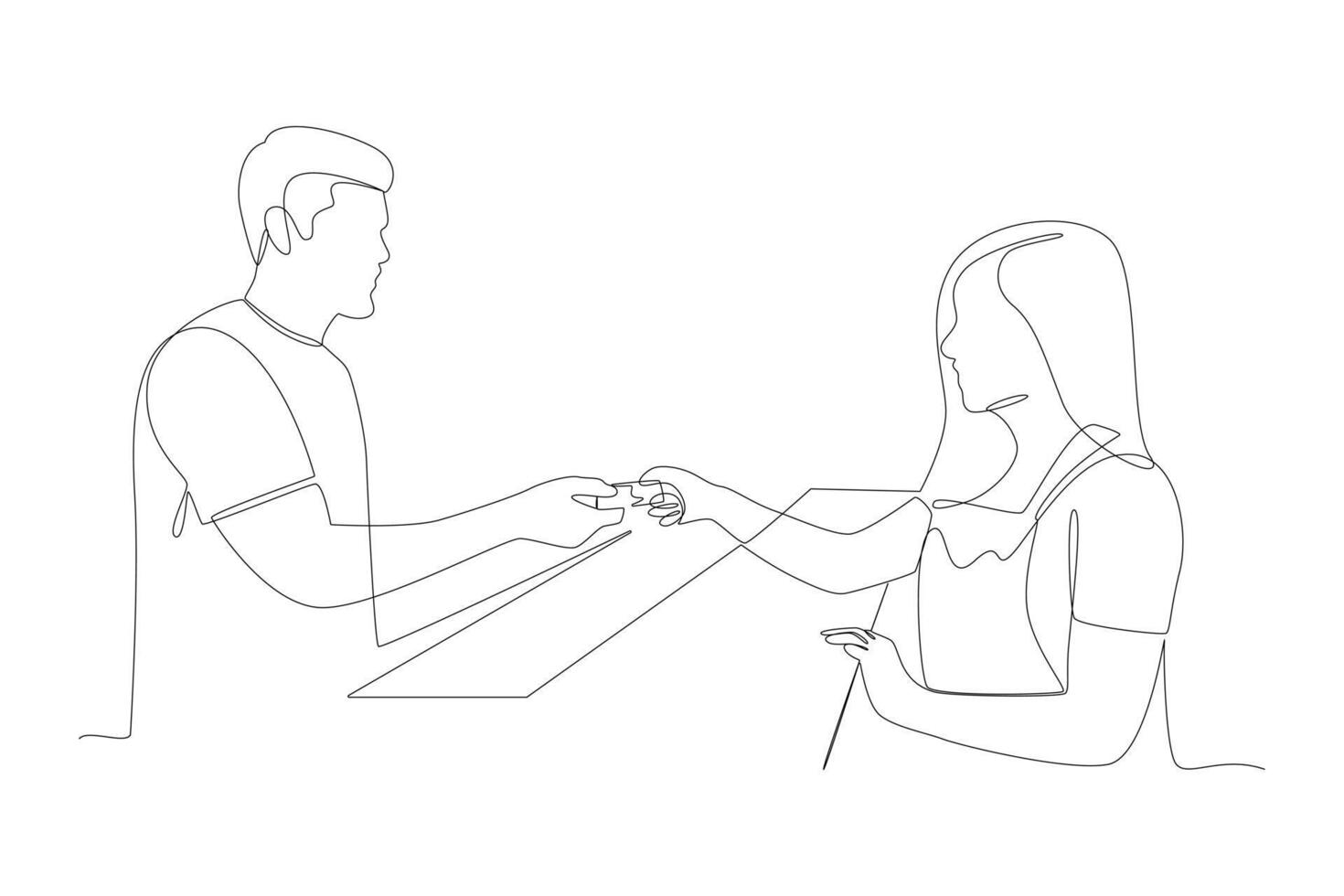 Continuous one line drawing Happy people shopping. Shopping concept. Doodle vector illustration.