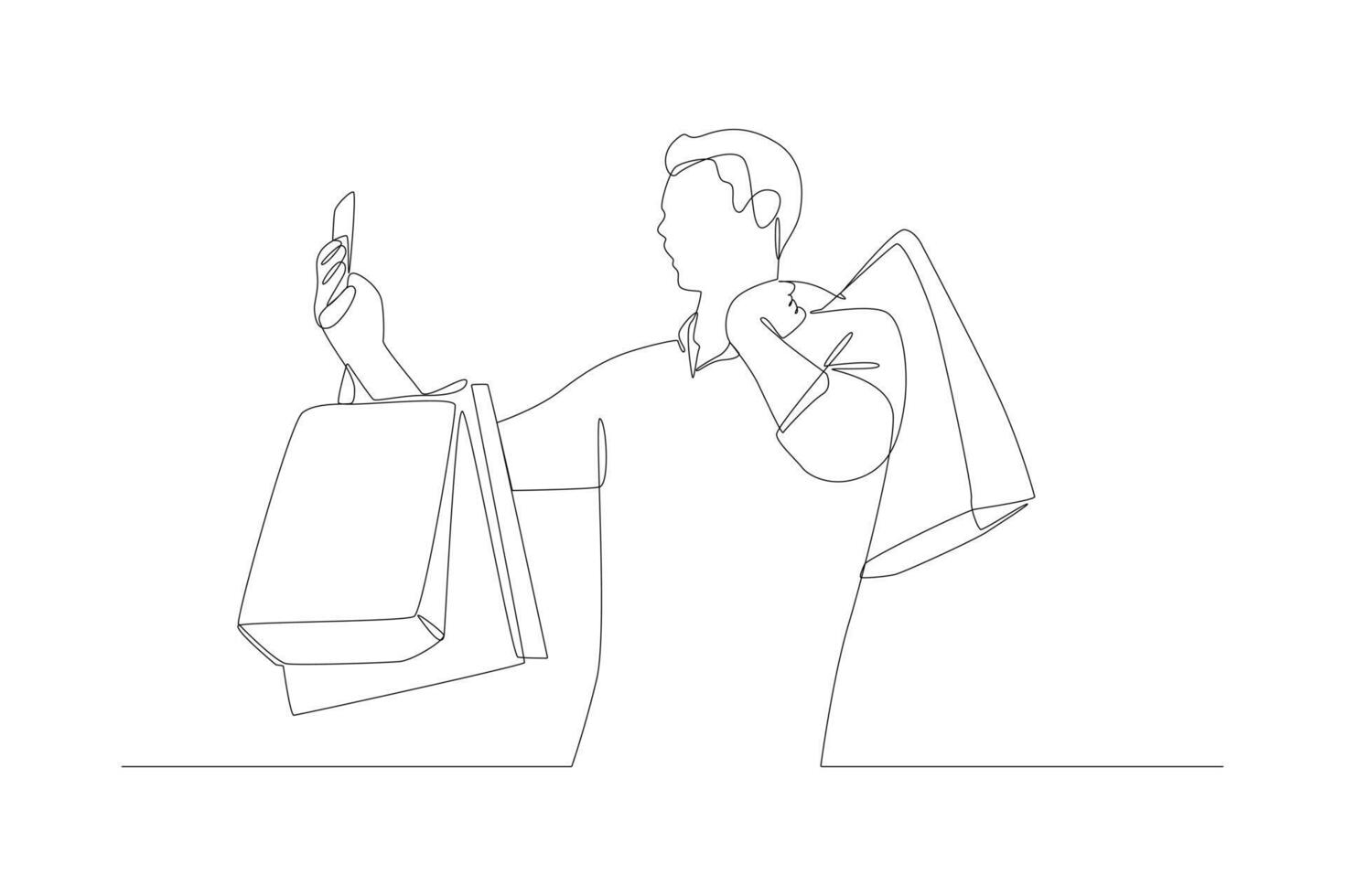 Continuous one line drawing Happy people shopping. Shopping concept. Doodle vector illustration.