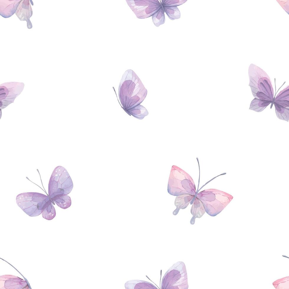 Watercolor illustration of pink and lilac butterflies. Seamless pattern, gentle, airy. For fabric, textile, wallpaper, prints scrap paper vector