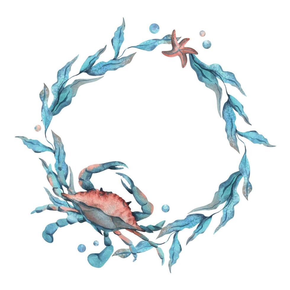 Underwater world clipart with sea animals crab, starfish and algae. Hand drawn watercolor illustration. Circle wreath, frame isolated from the background vector EPS