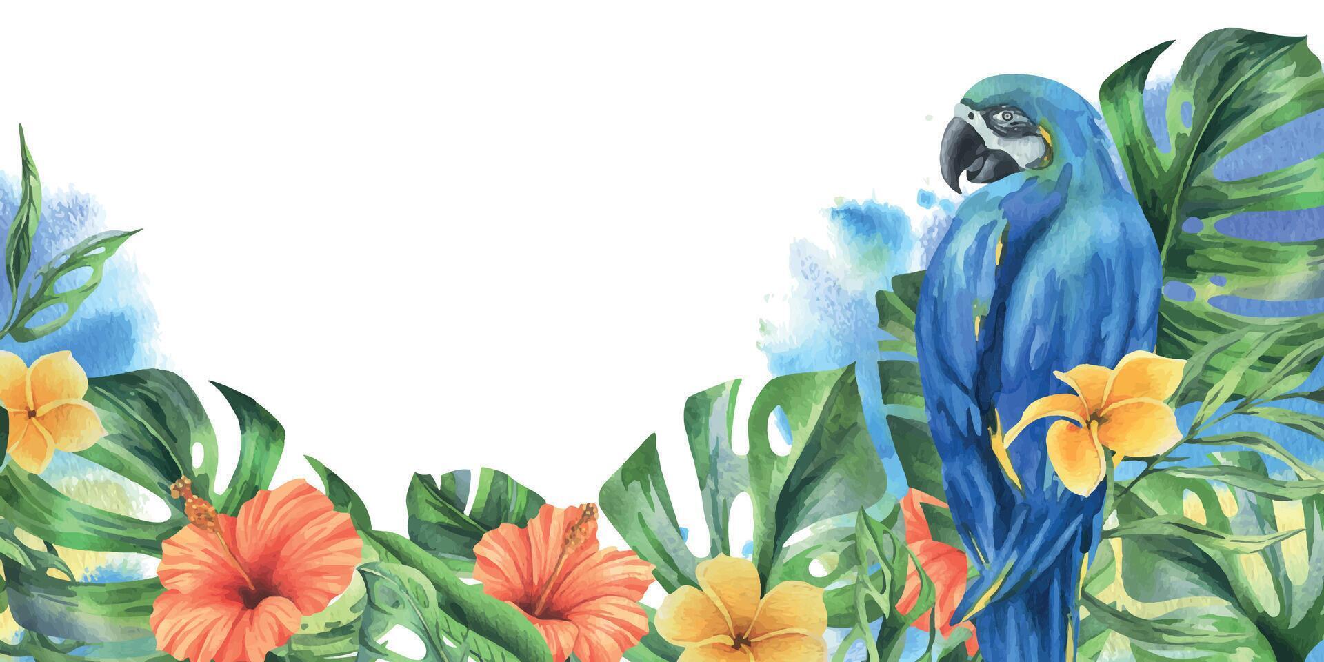 tropical palma hojas, monstera y flores de plumería, hibisco, brillante jugoso con azul amarillo guacamayo loro. mano dibujado acuarela botánico ilustración. modelo marco aislado desde el antecedentes vector