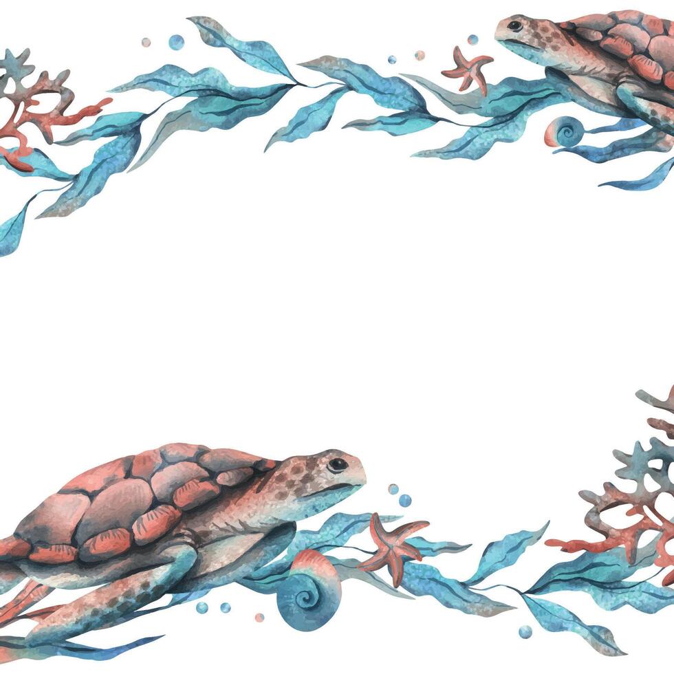 submarino mundo clipart con mar animales tortuga, conchas, burbujas, coral y algas. mano dibujado acuarela ilustración. marco, modelo aislado desde el antecedentes vector