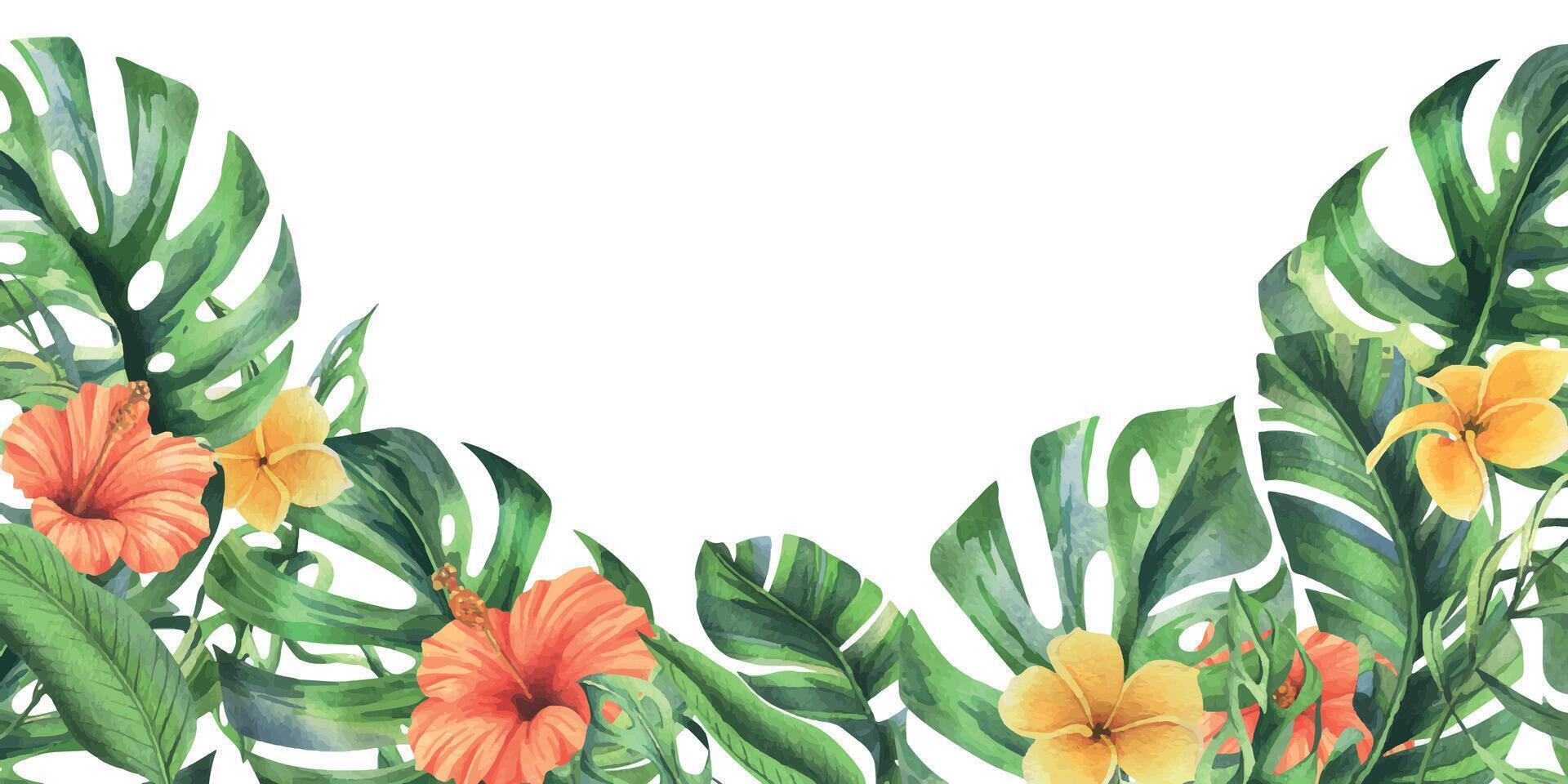 tropical palma hojas, monstera y flores de plumería, hibisco, brillante jugoso. mano dibujado acuarela botánico ilustración. plantilla, marco aislado desde el antecedentes. vector