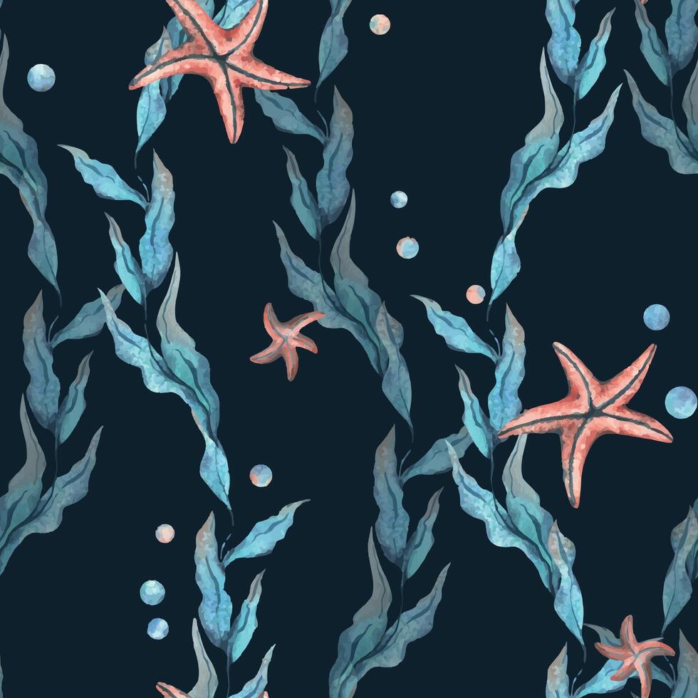 Underwater world clipart with sea animals, bubbles, starfish and algae. Hand drawn watercolor illustration. Seamless pattern on a dark blue background. vector