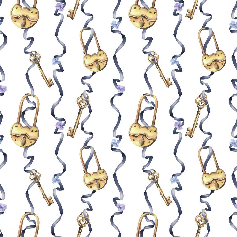 Golden keys and locks suspended on a dark blue ribbon. Hand drawn watercolor illustration. Seamless pattern on a white background. vector