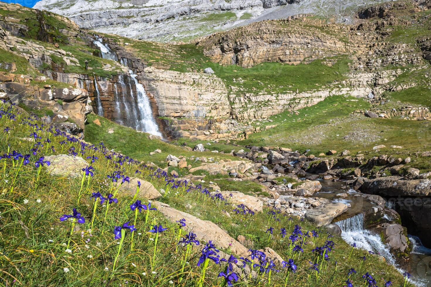 Waterfall de cotatuero under Monte Perdido at Ordesa Valley Aragon Huesca Pyrenees of Spain photo