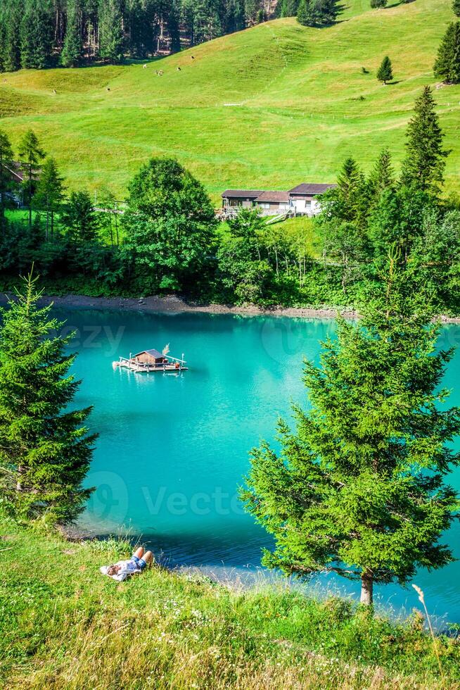 beautiful view mountain lake. Steg,Malbun in Lichtenstein, Europe photo