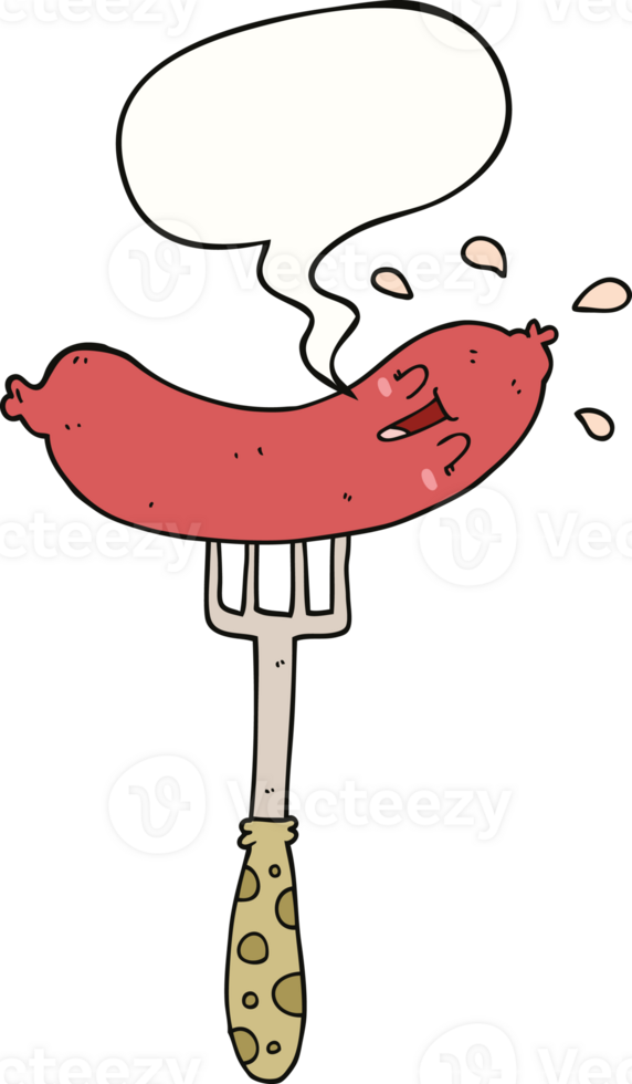 cartoon happy sausage on fork and speech bubble png