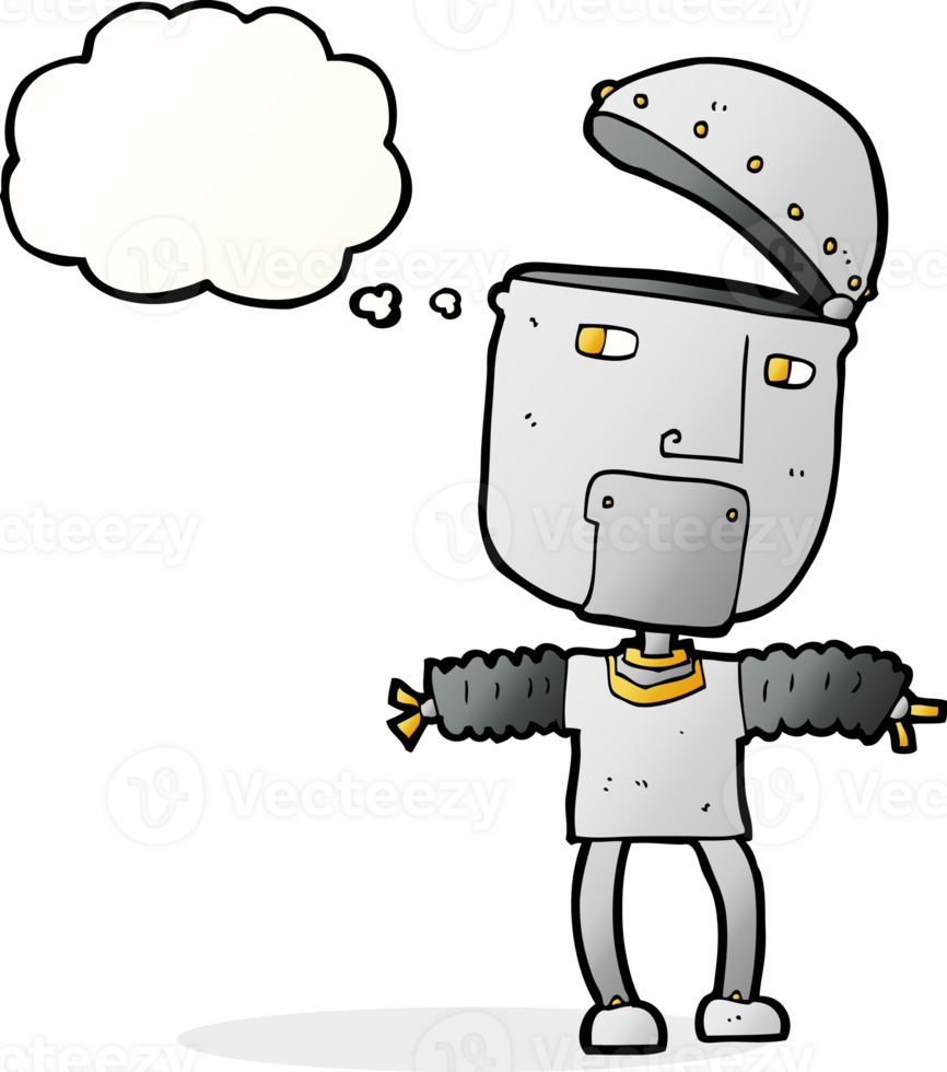 funny cartoon robot with open head with thought bubble png