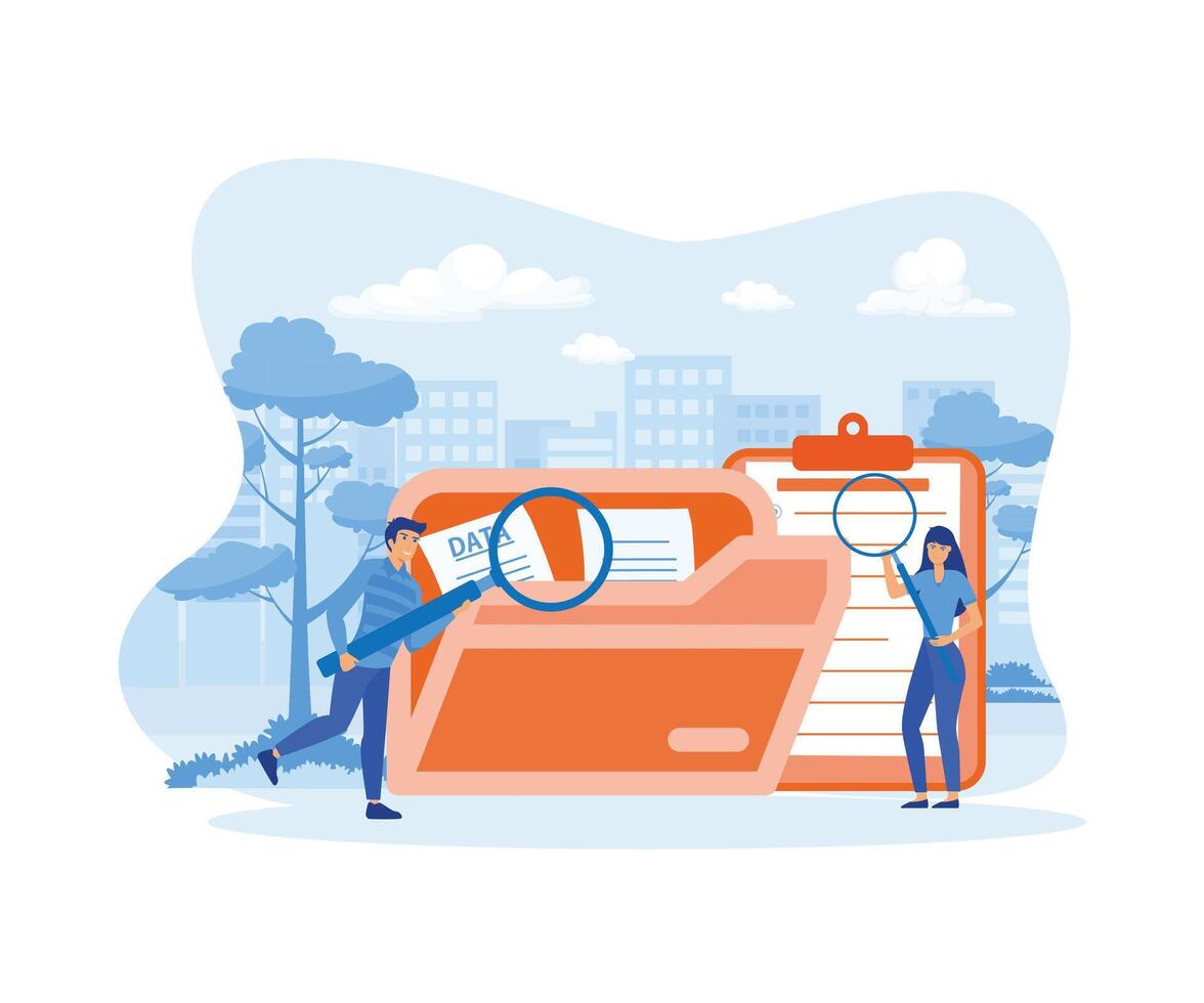 Workers searching file. employee uses magnifying glass. Files search. flat vector modern illustration