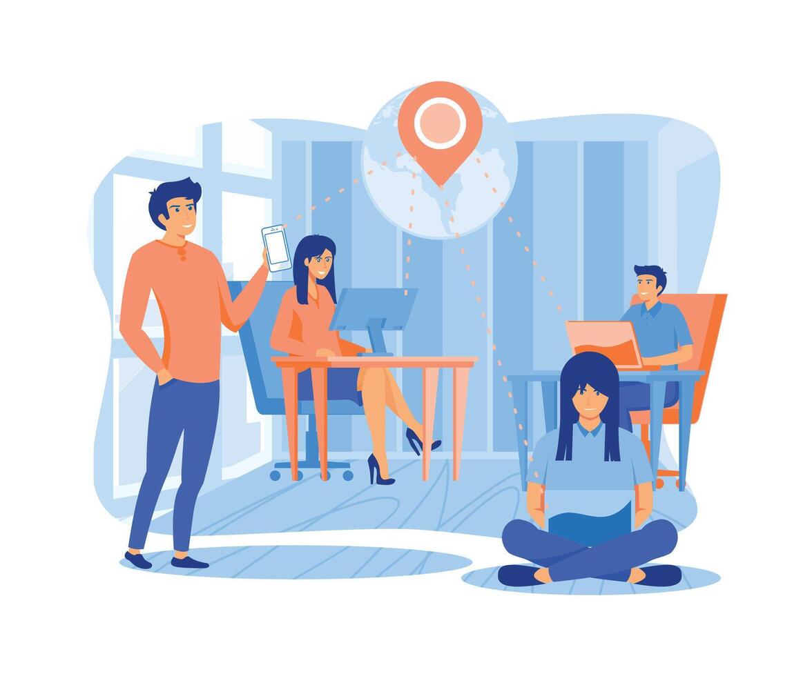 Outsourcing company. Remote workers work together on project scene. flat vector modern illustration