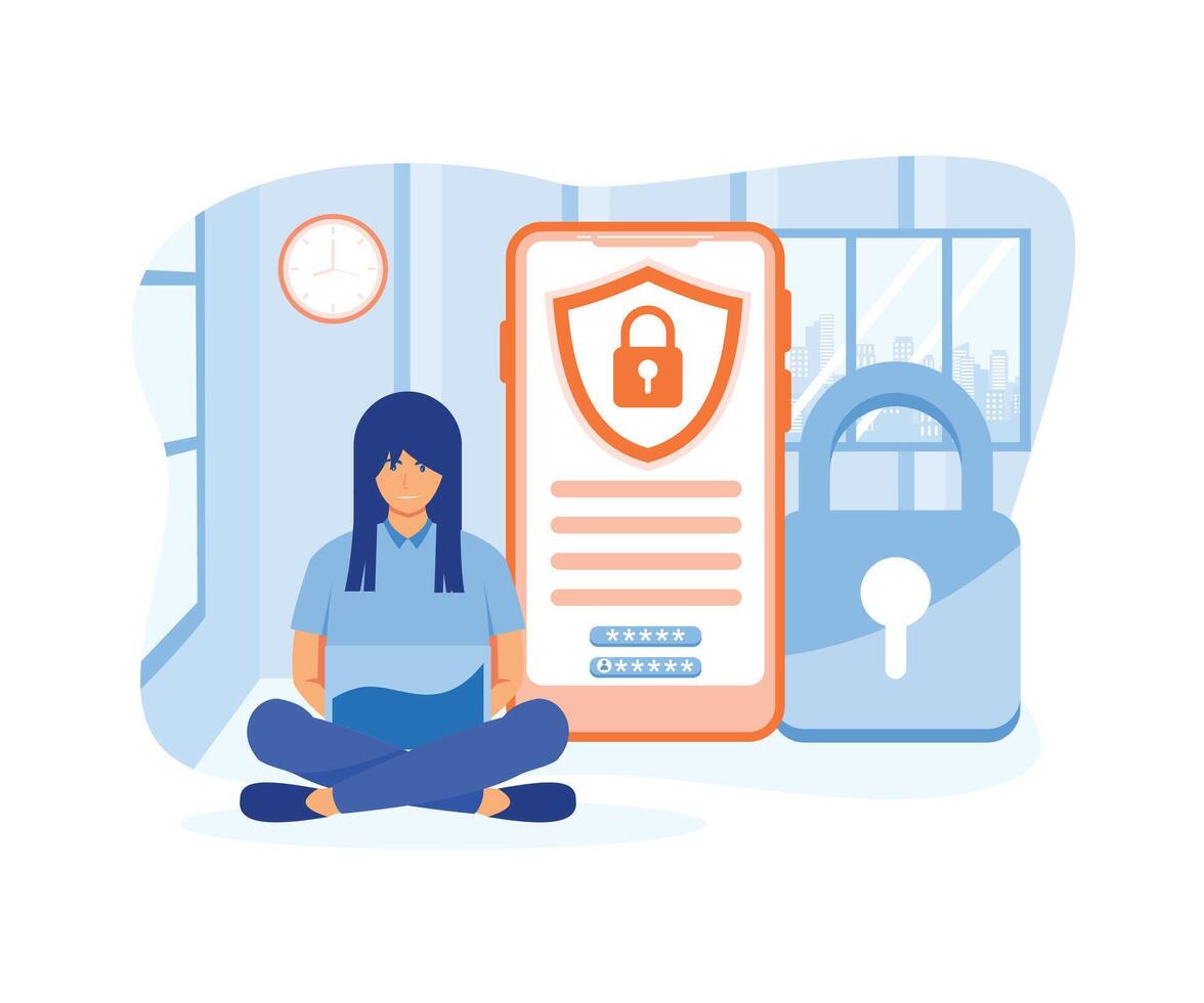 Data protection concept. Woman sitting near big padlock is providing security to personal data and data privacy.  flat vector modern illustration