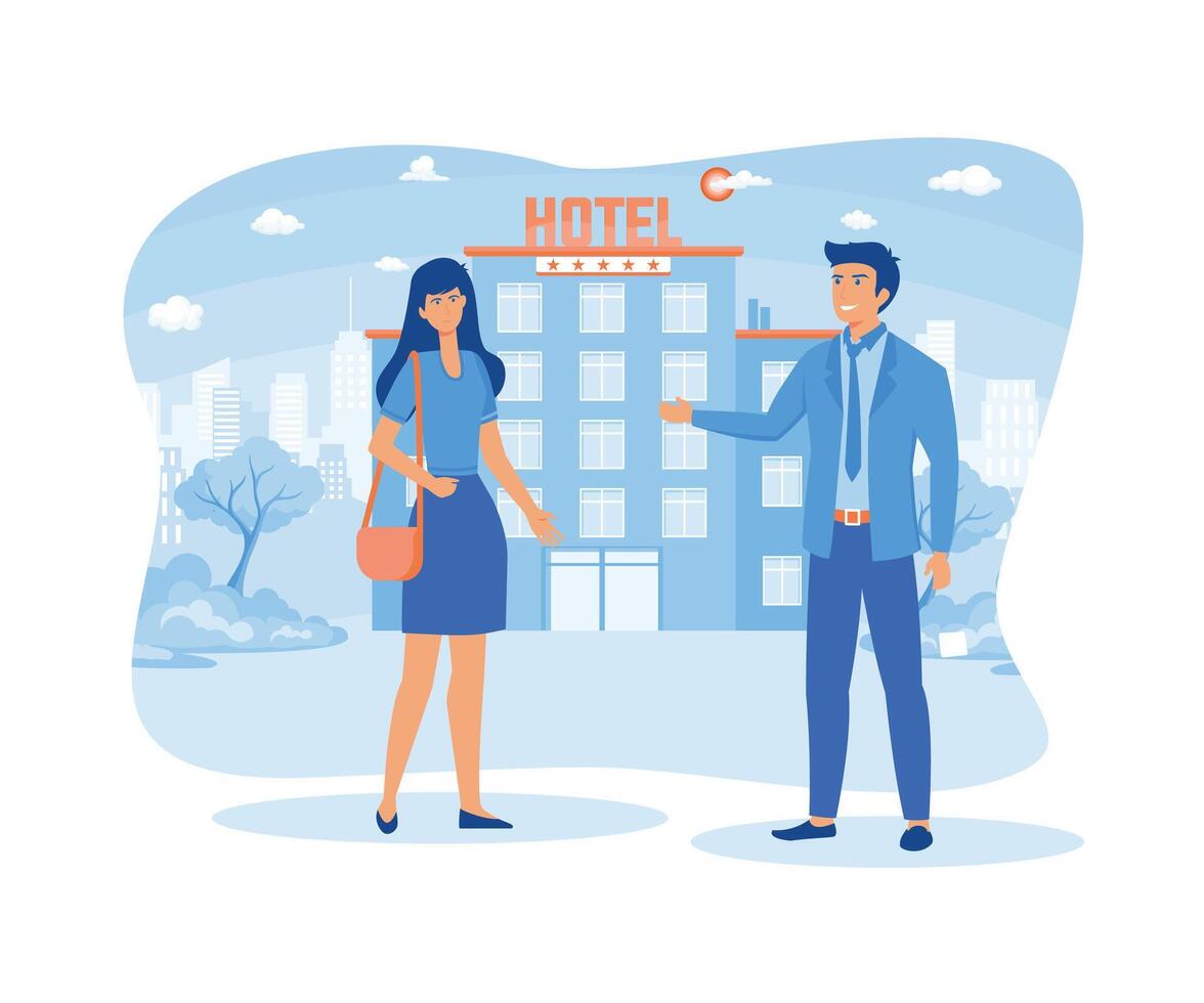 Isolated hotel services set. The doorman smiled and welcomed guests. flat vector modern illustration