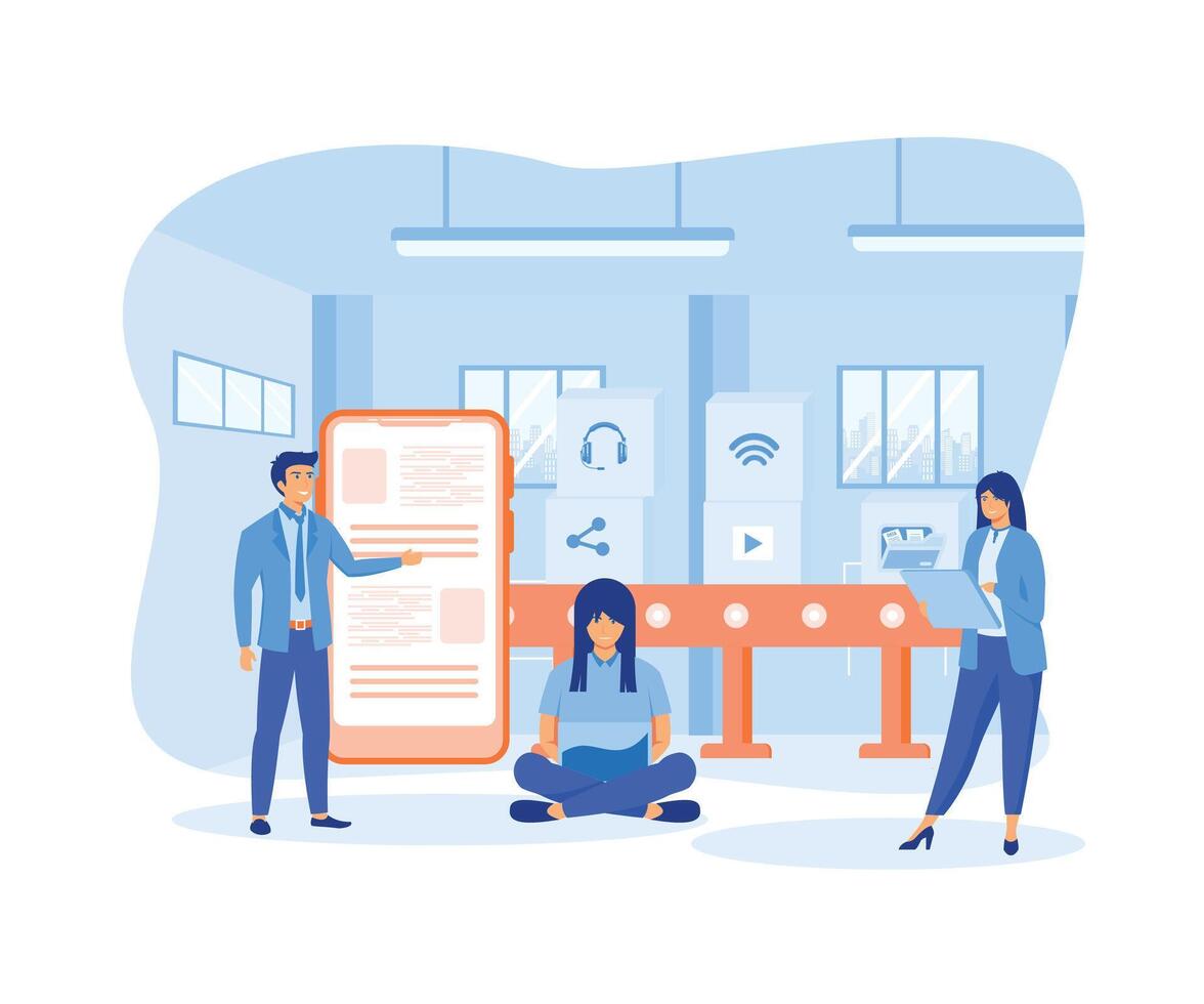 production line with workers, automation and user interface concept. connecting, loading a smart phone and sharing media data with a system, smart industry. flat vector modern illustration