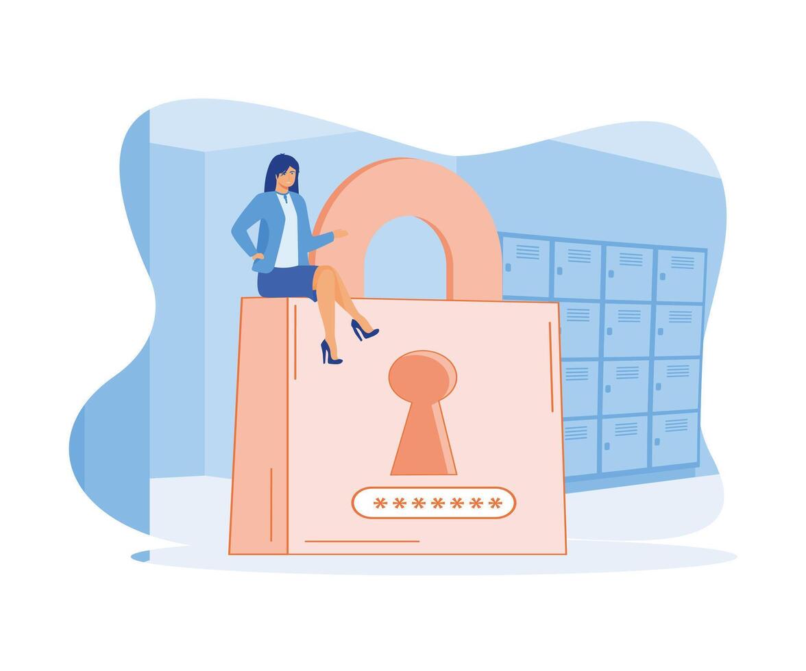 datos proteccion. mujer proteger personal datos, contraseña acceso, financiero cuenta seguro y otro. plano vector moderno ilustración