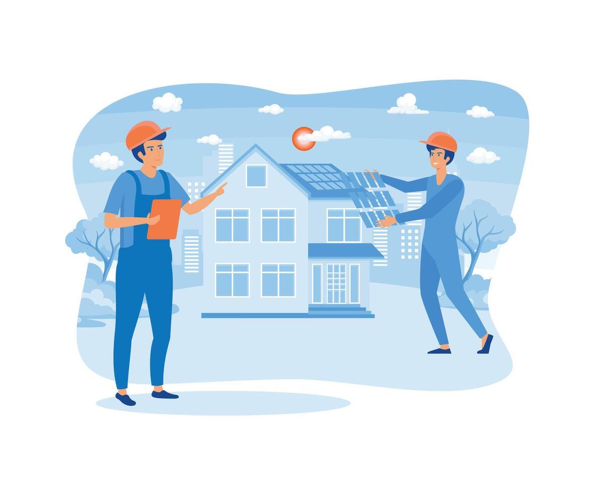 Roof construction  worker building fixing and house renovation rooftop.  flat vector modern illustration