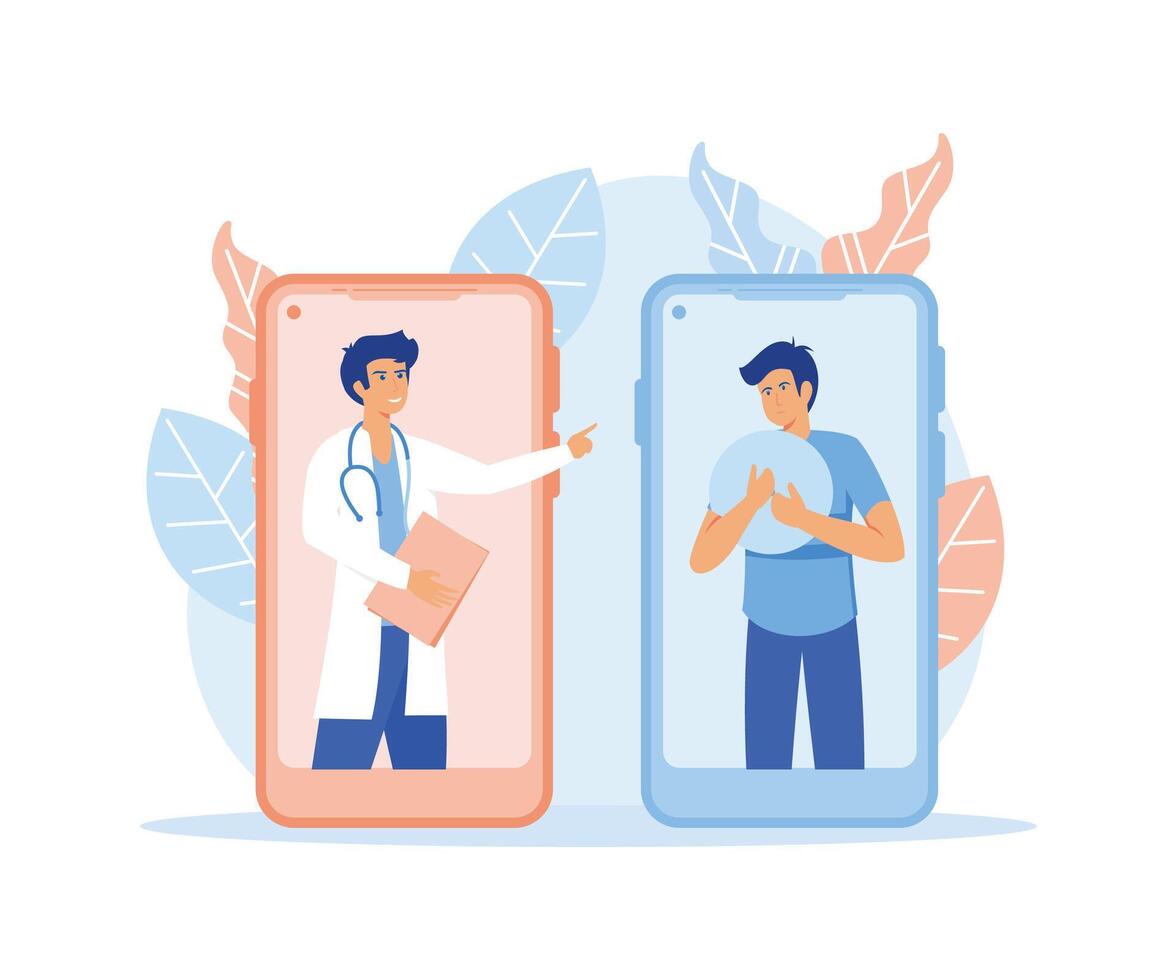 móvil telemedicina inteligente teléfono solicitud, masculino doctor. útil móvil dispositivo herramienta para gerente cuidado de la salud servicio, paciente remoto profesional consulta. plano vector moderno ilustración