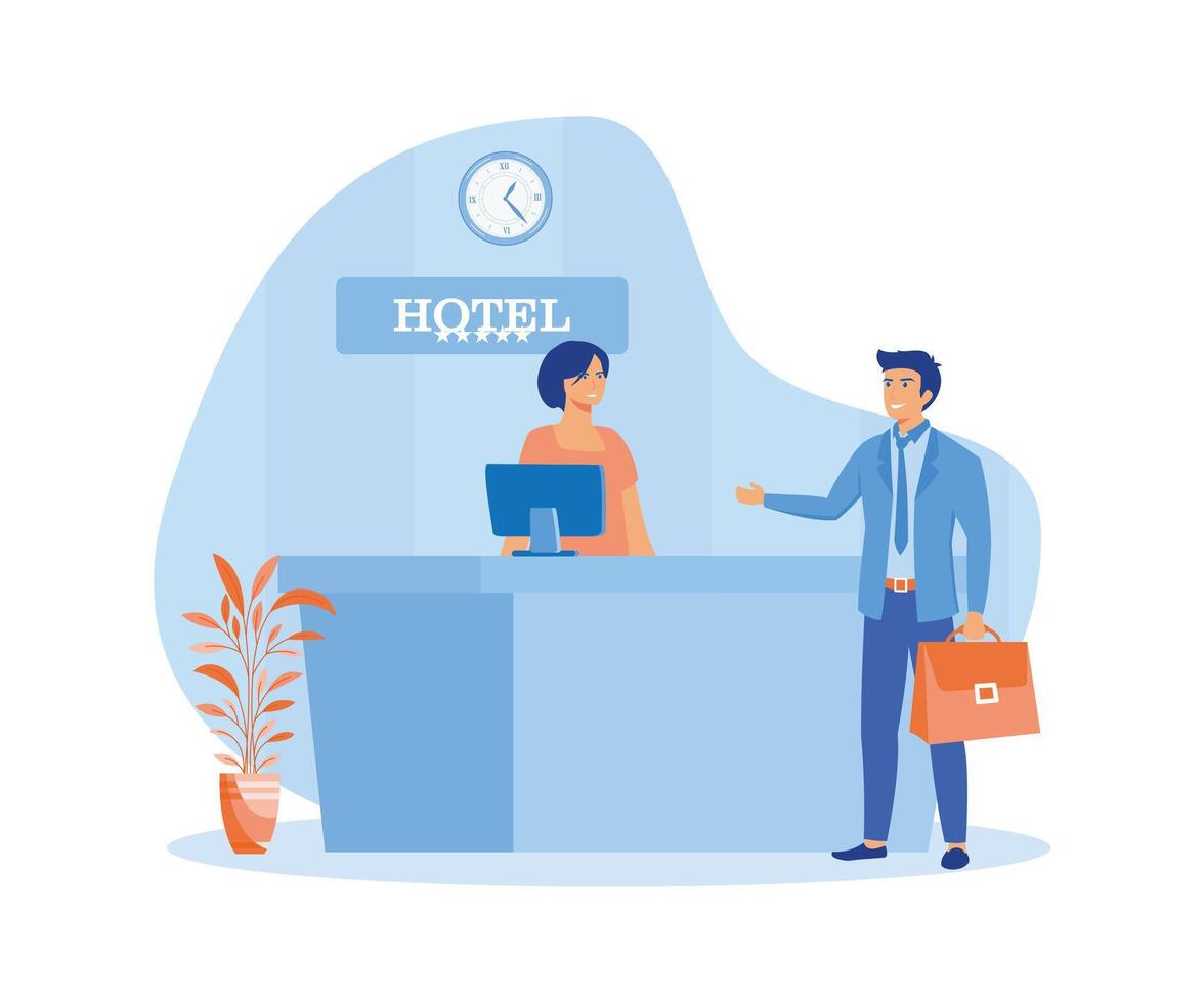 Male customer standing at reception desk and talking to female receptionist. Visitation scene. vector
