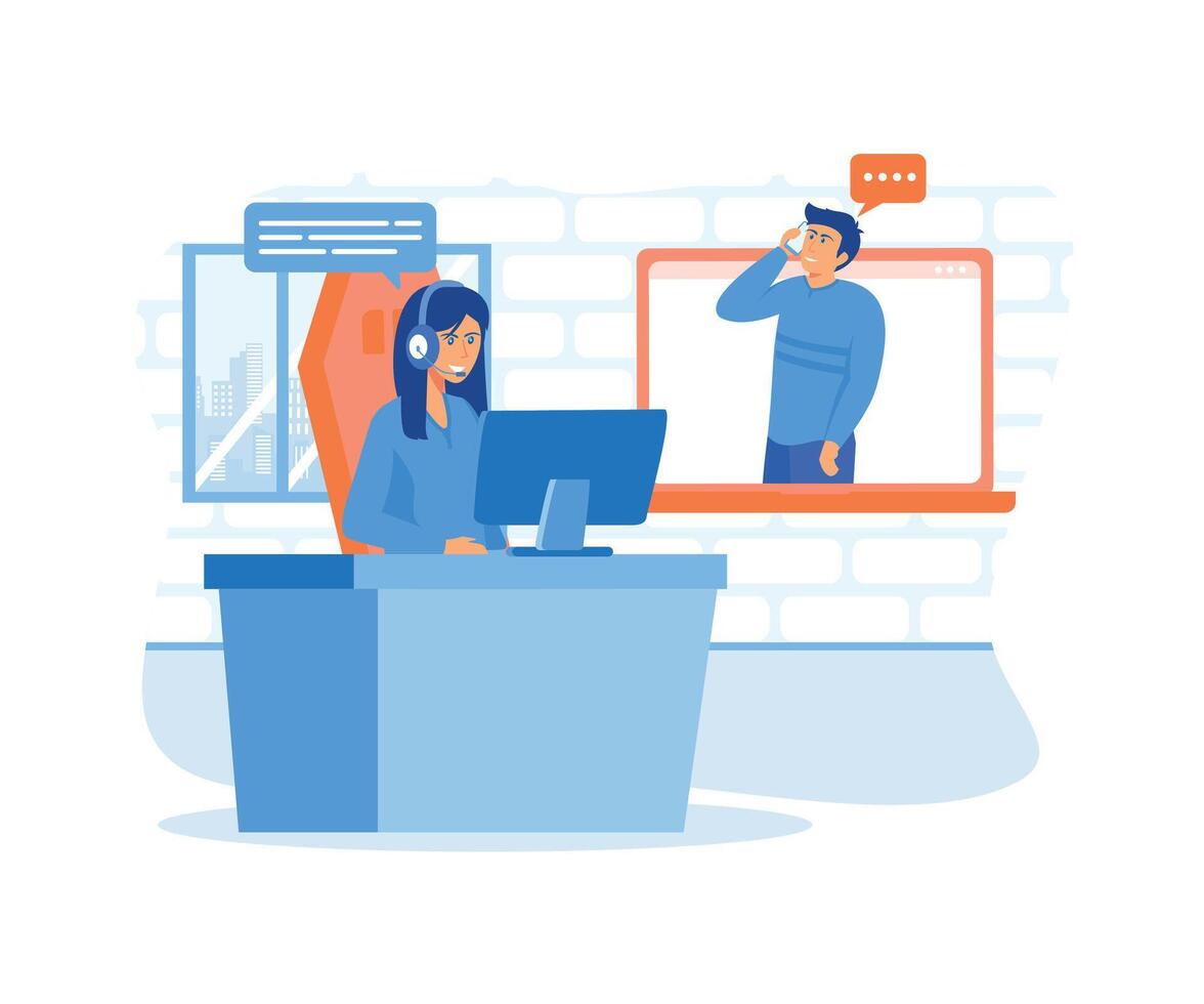 Customer service.  Hotline female operator advises customers, online global technical support, customers and operators. flat vector modern illustration