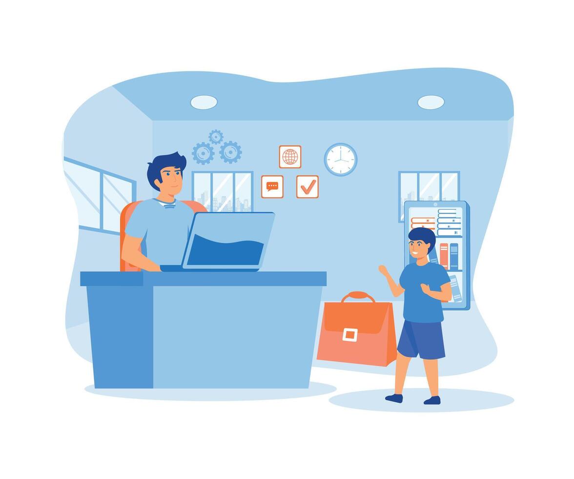 Parents work with boys. Headquarters. Remote worker, employee schedule, flexible schedule concept. flat vector modern illustration