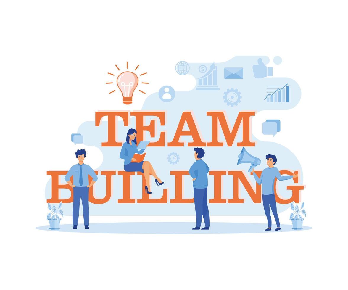 Team building concept. People business with big words and people with modern blue color style. vector