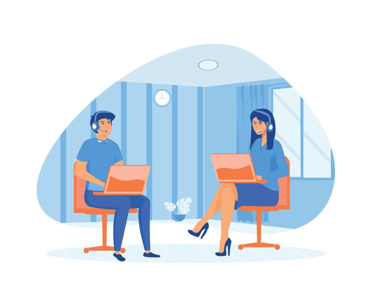 Man and woman with laptop communicates with client. Technical support for customers telephone hotline for business.flat vector modern illustration