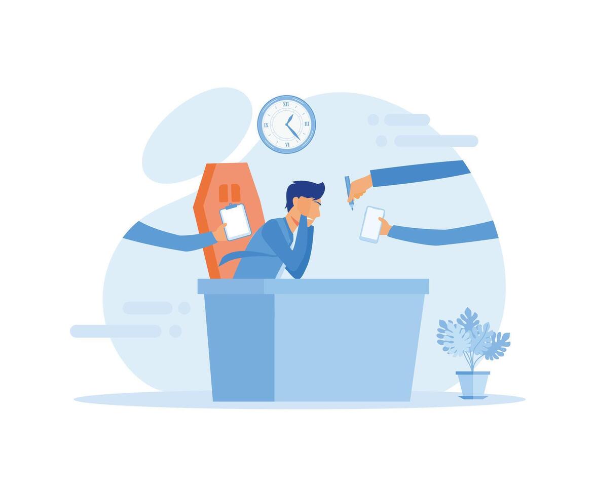 Business Man Surrounded by Hands with Office Things. Multitasking and Time Management. flat vector modern illustration