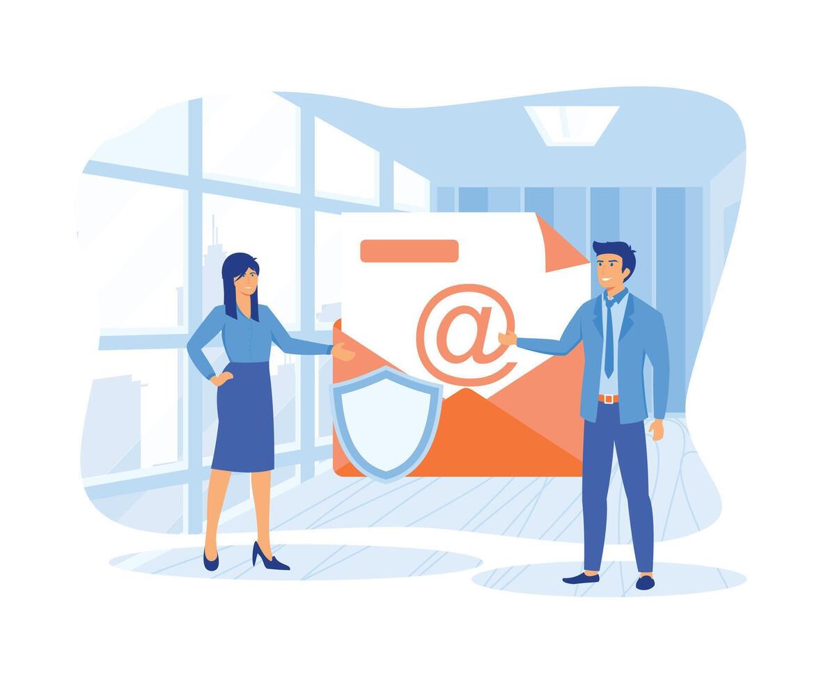 Two people stand near big envelope, letter with shield. Secure, encrypted messages, emails. flat vector modern illustration