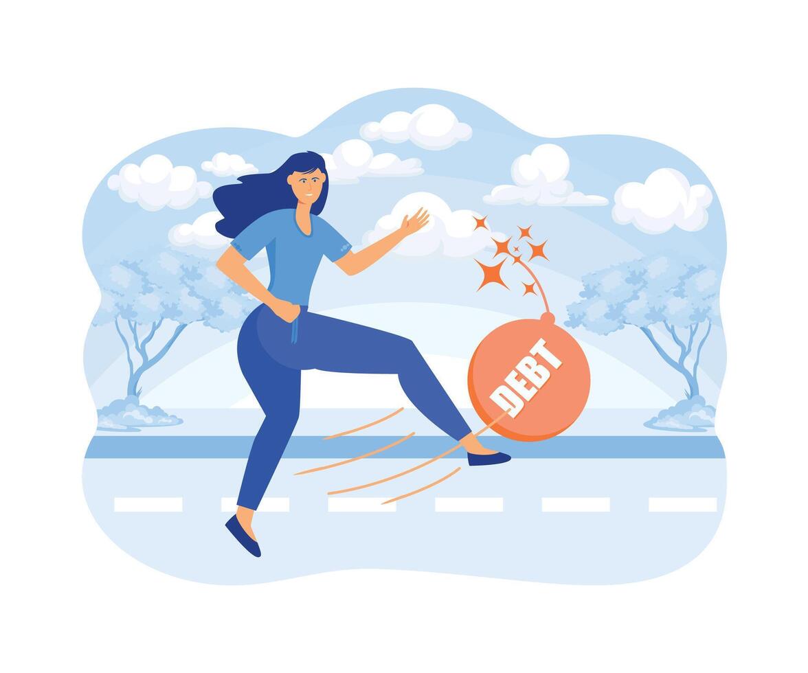 Businesswoman kicking debt bomb ball away like as soccer ball, success tax business. flat vector modern illustration
