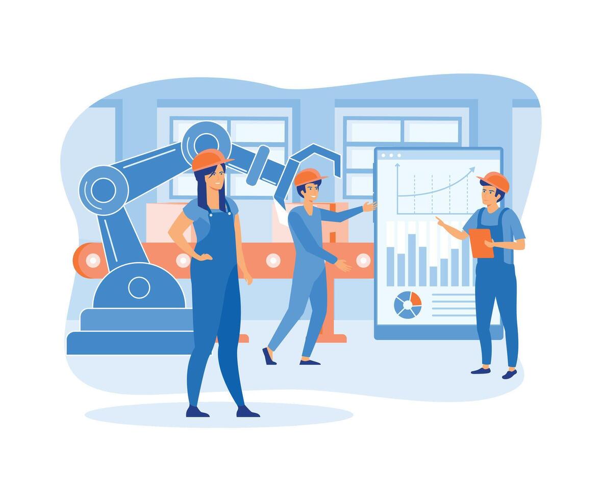 producción línea con trabajadores, automatización y usuario interfaz concepto. usuario conectando con un tableta y compartiendo datos con un físico sistema. plano vector moderno ilustración