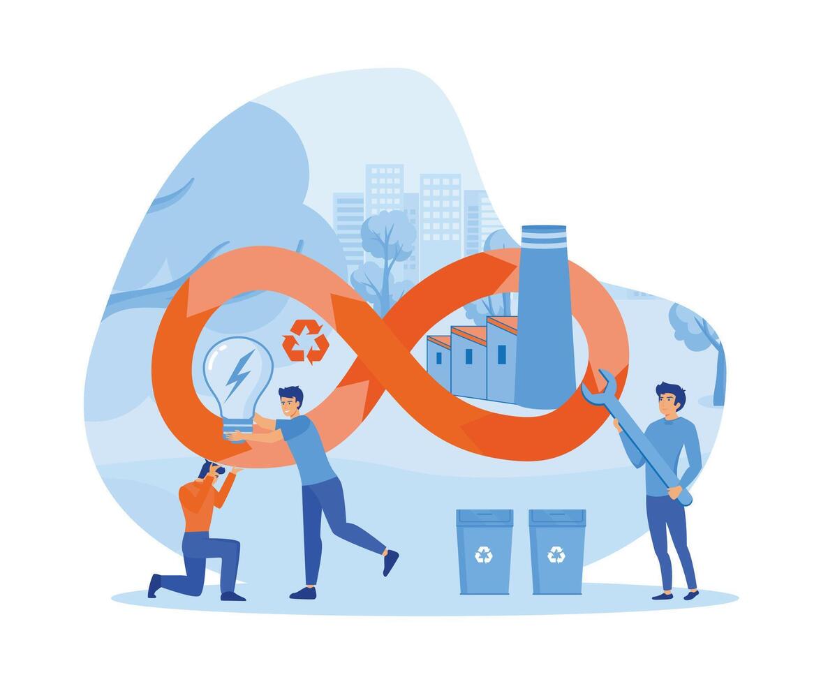 circular economía, eco simpático energía producción. industria desarrollo ciclo con residuos reciclaje. plano vector moderno ilustración