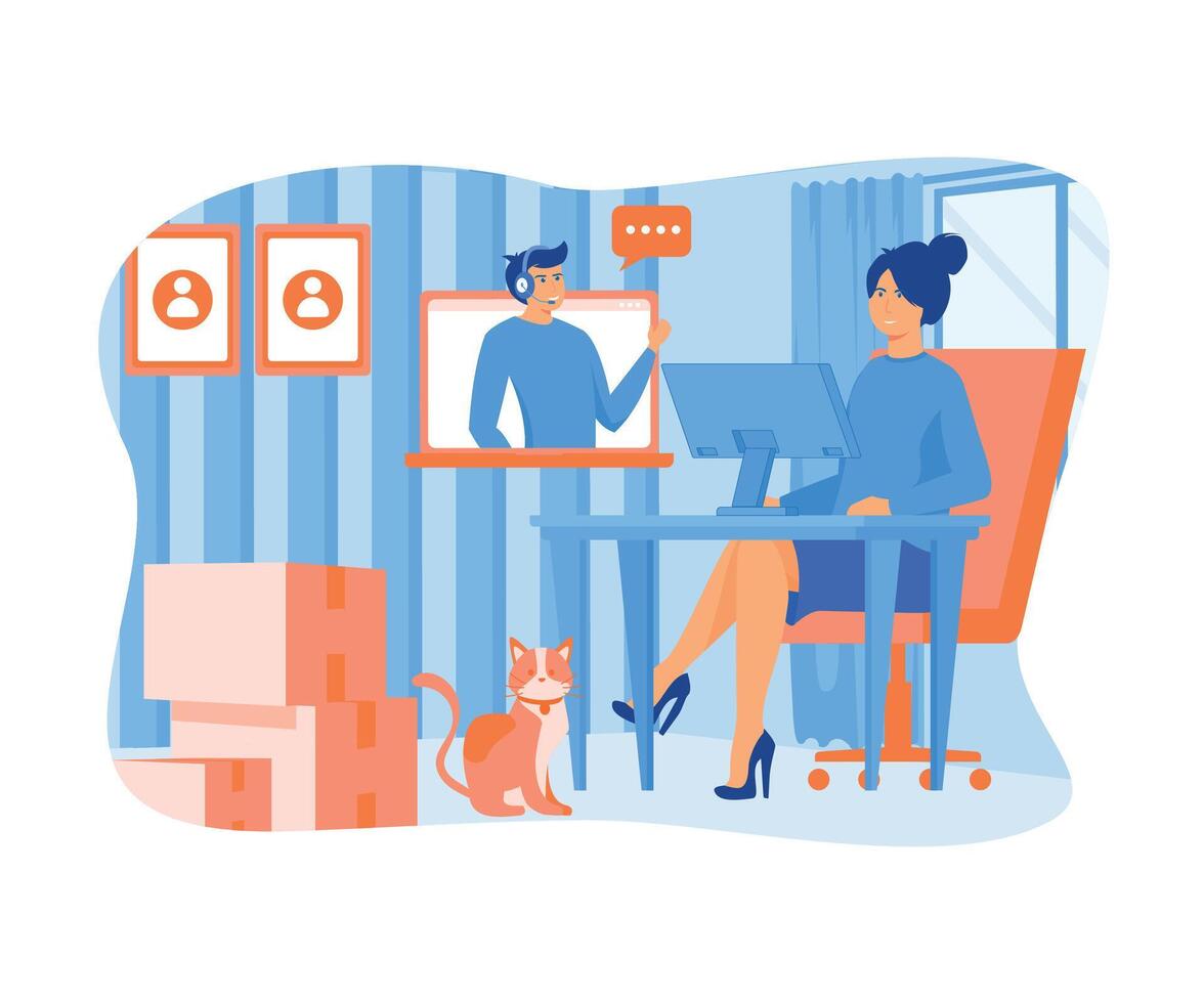 Woman Sitting at Desk in Cozy Room, Looking at Computer Screen and Talking with Colleagues Online. flat vector modern illustration