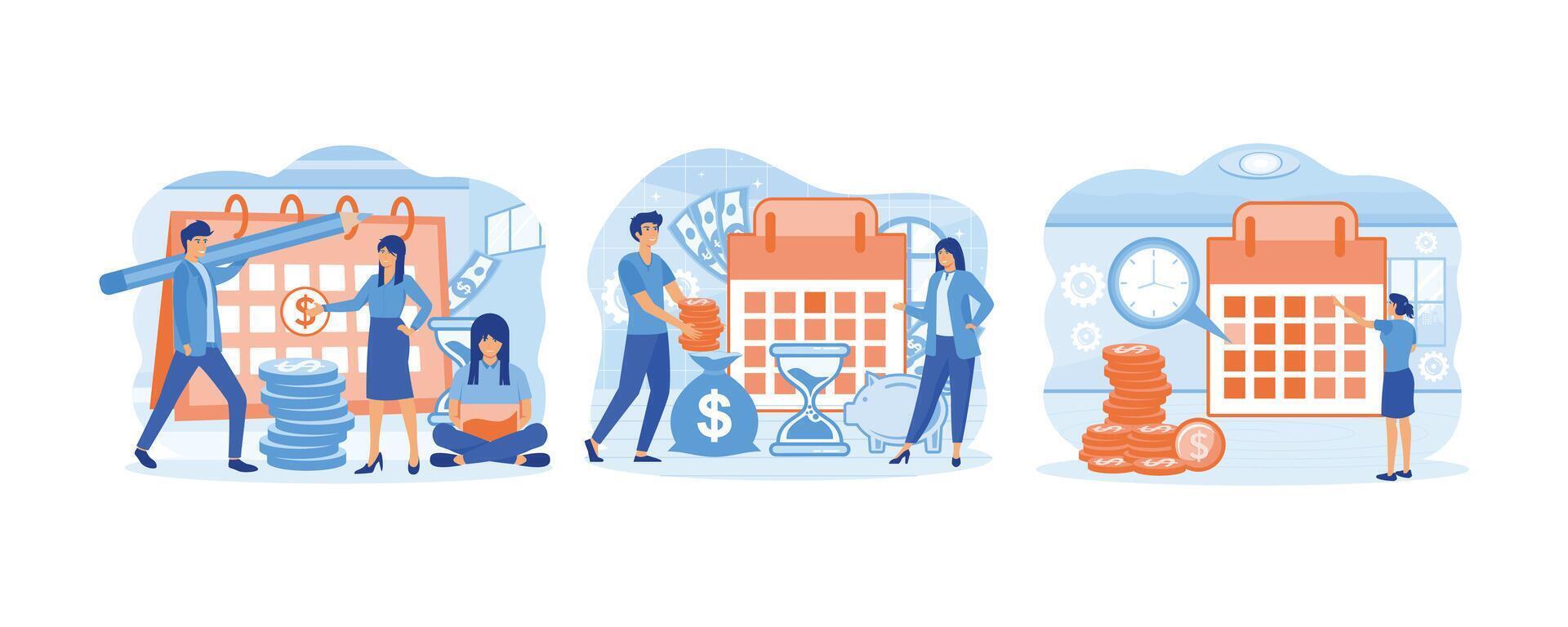 Payment date concept. Payday loans. Woman check pay schedule or payroll. set flat vector modern illustration