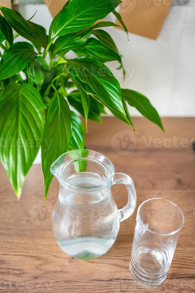 Jug with clear cold water on kitchen table in the home photo