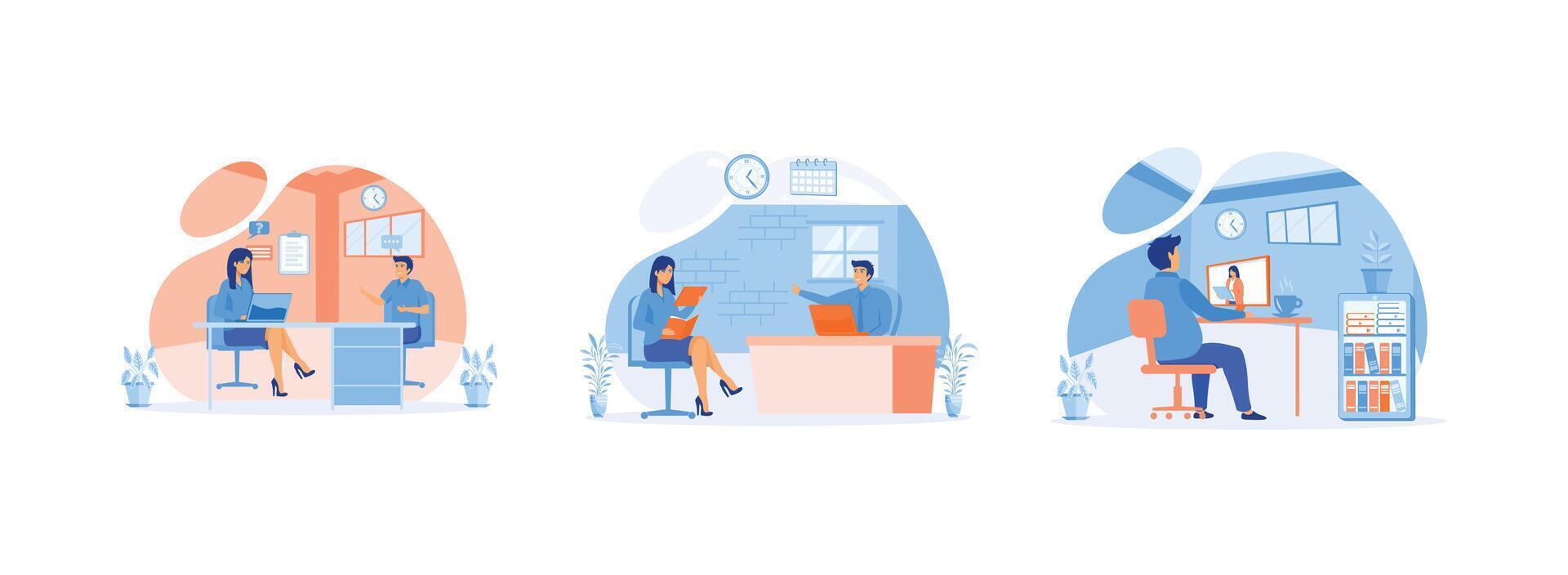 A man talking to a young woman with laptop, Woman having a job interview, A man talking to a young woman on a video call on his computer.  Job interview set flat vector modern illustration
