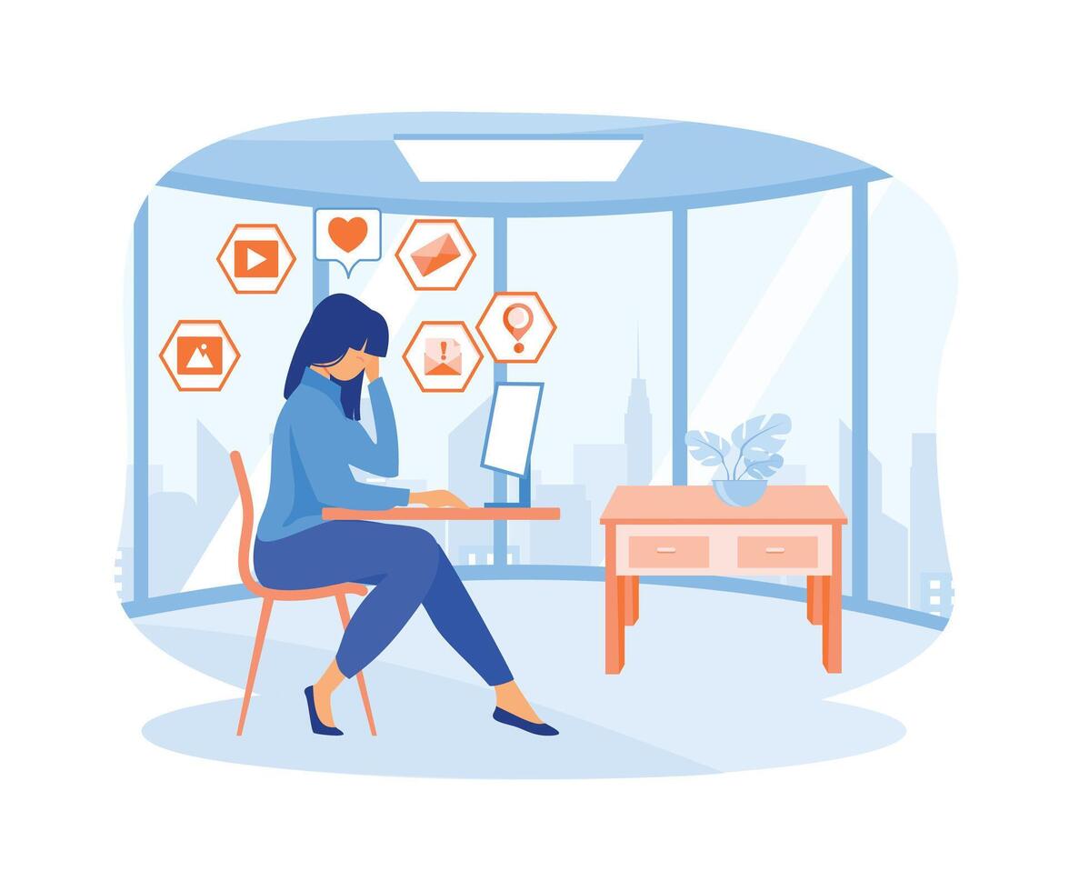 Overcoming overload, psychological well-being of employees, life dependent on gadgets, the influence of devices on the human brain. flat vector modern illustration