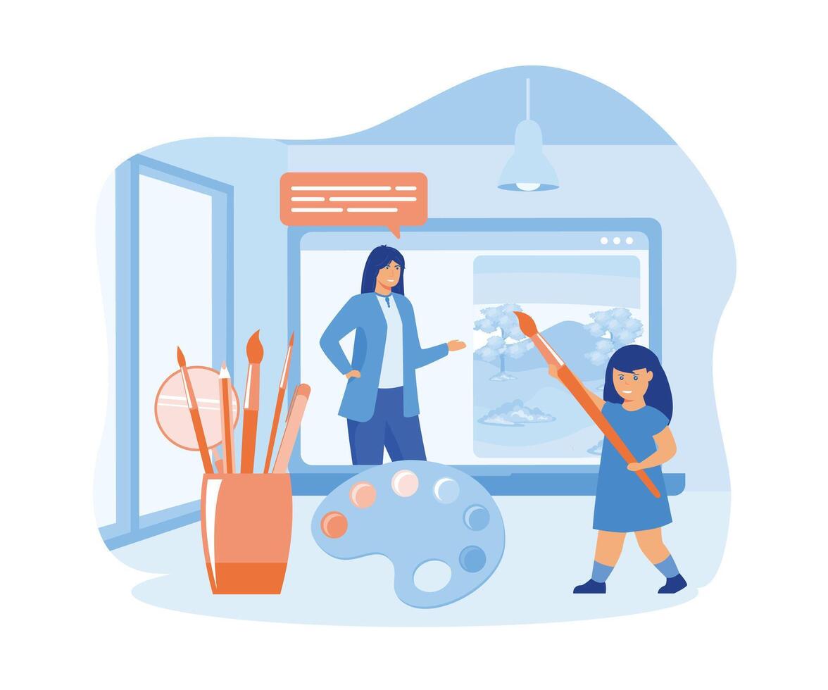 Online art class. Tutorials and web courses. Woman art teacher on screen and girl preschool student with brush. flat vector modern illustration