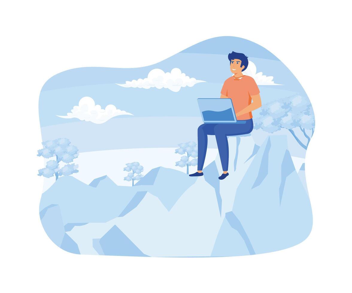 Working anywhere. Man sitting with laptop doing freelance work and enjoying freedom.  flat vector modern illustration