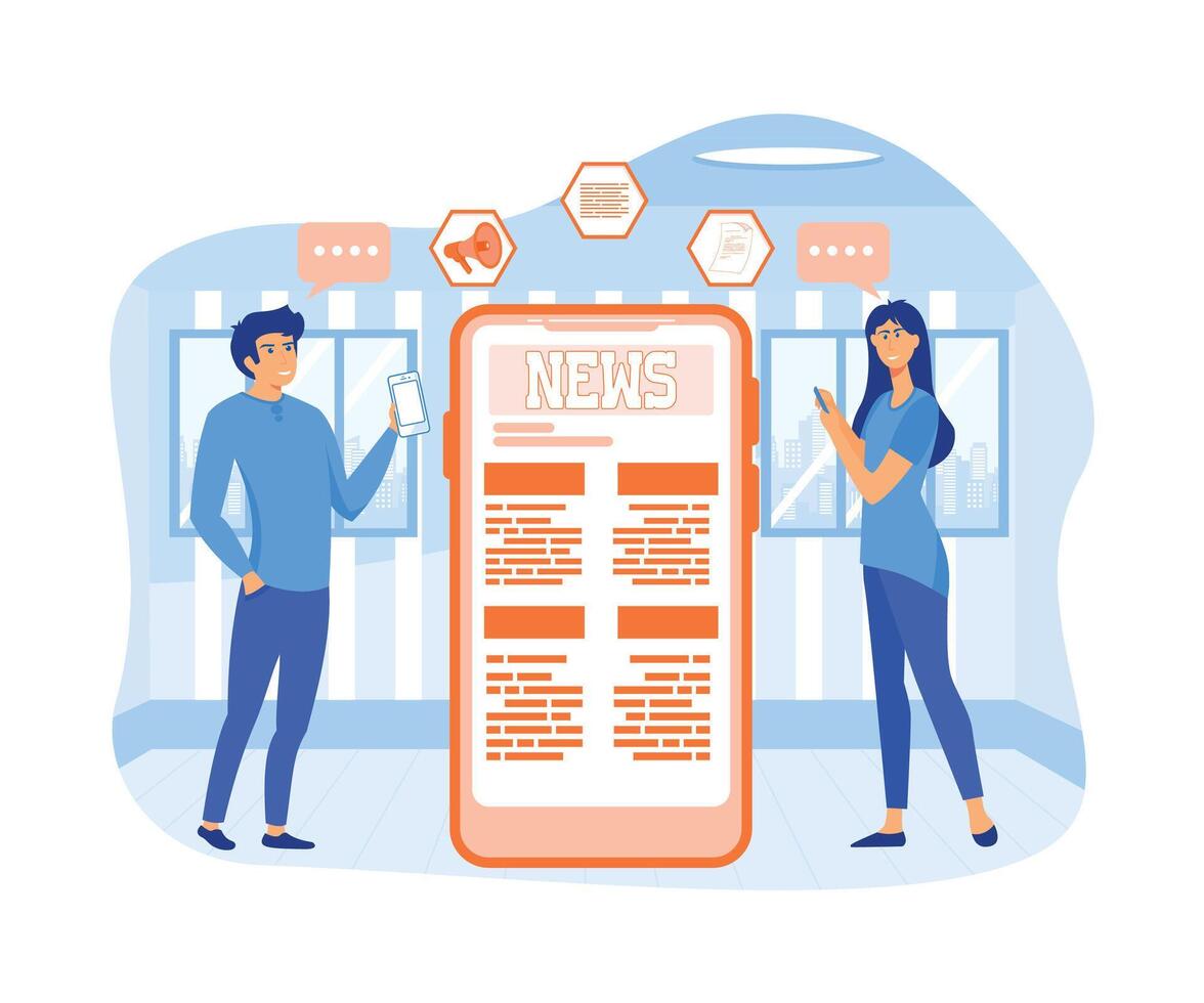 Online reading news. Young men and women are standing near big smart phone and using their own smart phones for reading news. flat vector modern illustration