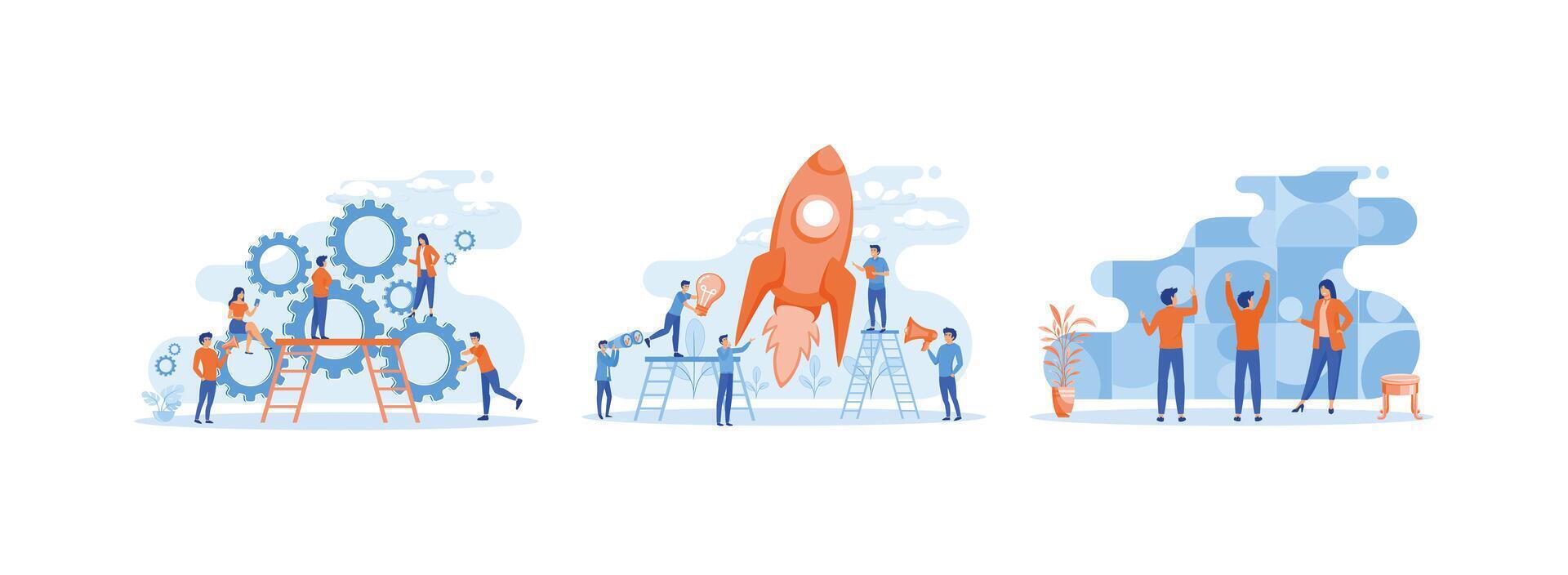 Business organization men and women with teamwork, Growth with rocket investment services, Coworking and problem solving concept. Team Work 2 set flat vector modern illustration