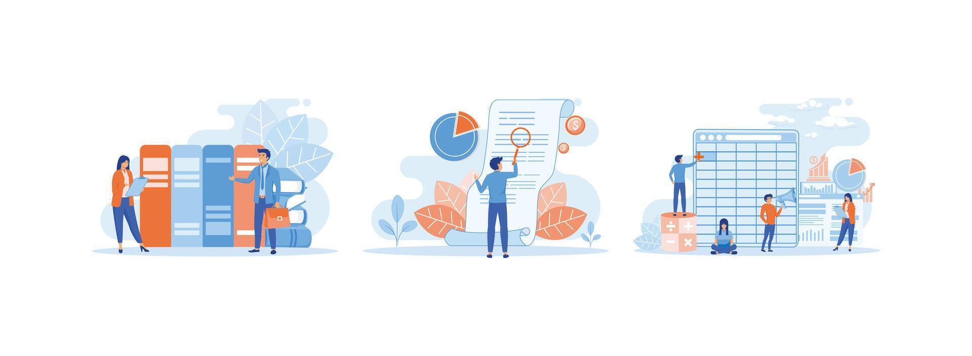 Business process, documents work flow and accounting, looks through a magnifying glass at a bill, Software for accounting with sheets, formulas, calculator. vector