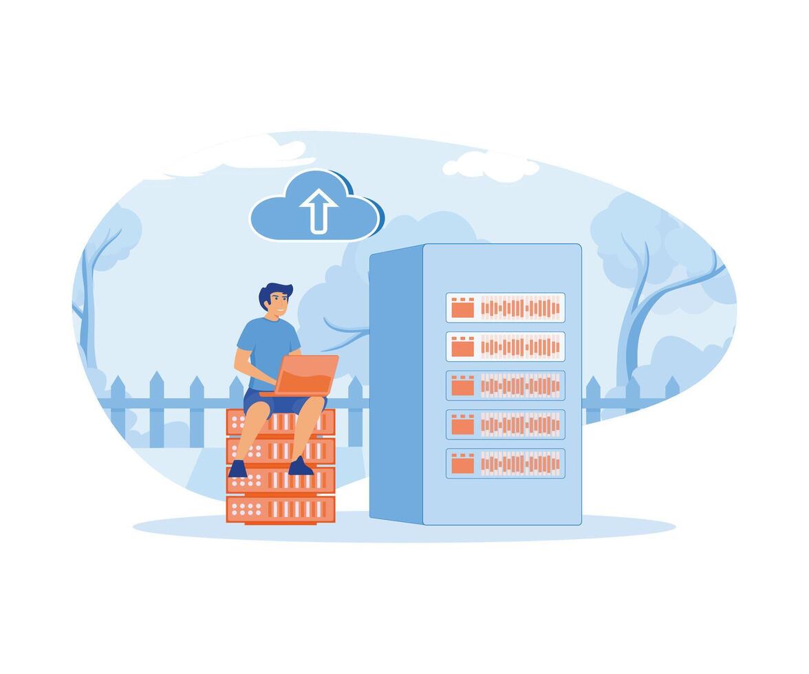 Big Data and Cloud Computing. Businessman sitting in rack  using remote servers to analyzing large sets of data and recognizing mistakes. flat vector modern illustration