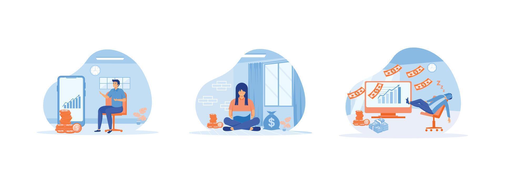 doing passive income concept using this site, working in front of laptop with money around her,  earns a steady passive income and financial concept from home. vector