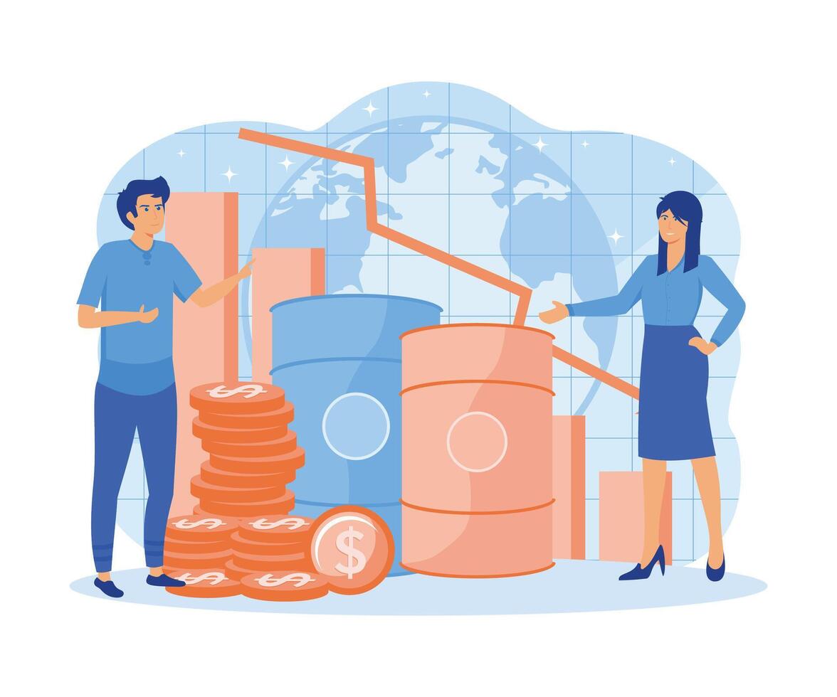 Falling oil prices concept. People analysis data with down arrows. A declining dollar chart for natural carbohydrates, financial crisis metaphor. flat vector modern illustration