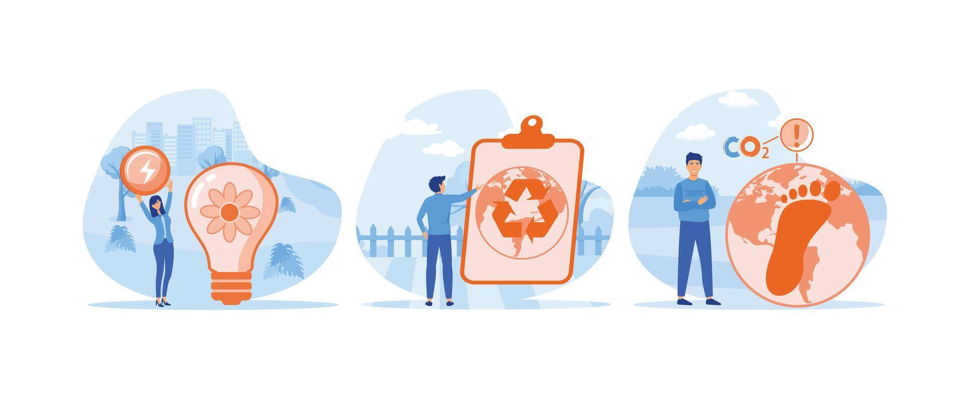 Circular economy. Green energy and industry. Climate impact. Circular economy set flat vector modern illustration