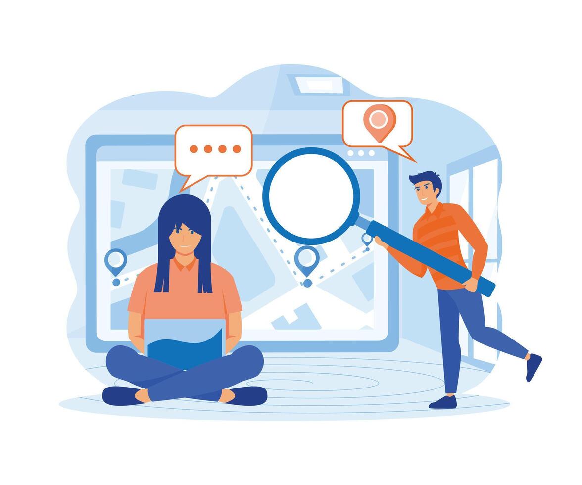 GPS navigation concept. Tiny people search on location. Online map. We have moved.  flat vector modern illustration