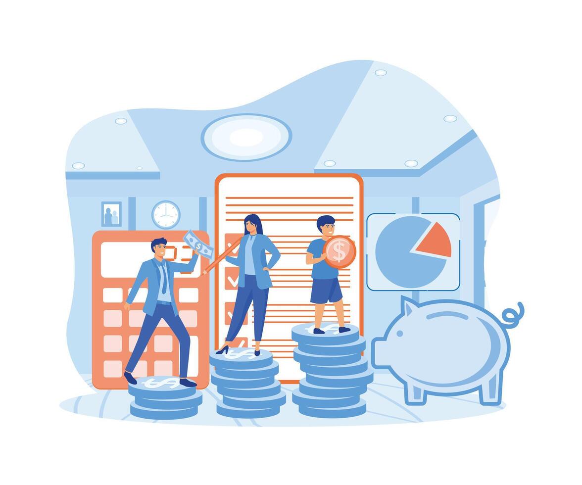 Family budget planning. Yong couple with child saving money and planning with piggy bank, calculator and coins.  flat vector modern illustration